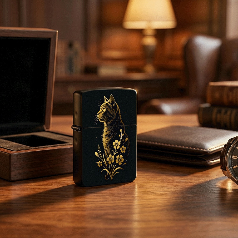Vintage Collectible Lighters - Flip Top Aansteker Gouden Kat Bloemmotief